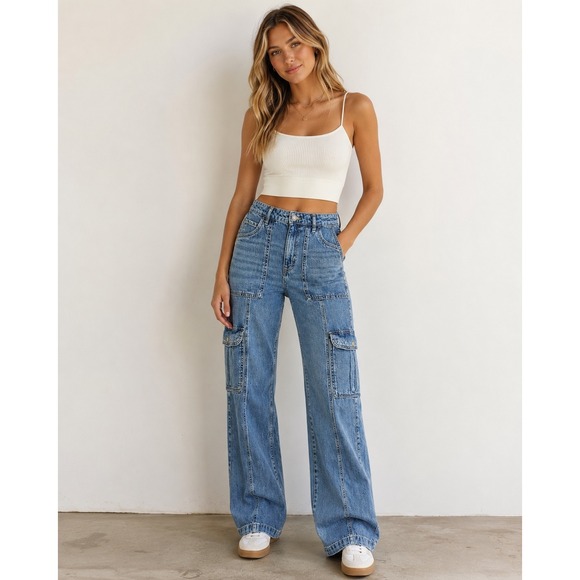 Aeropostale Denim - Aeropostale Womens Size 6 Utility Cargo Jeans Blue Denim Wide Leg Y2K Baggy